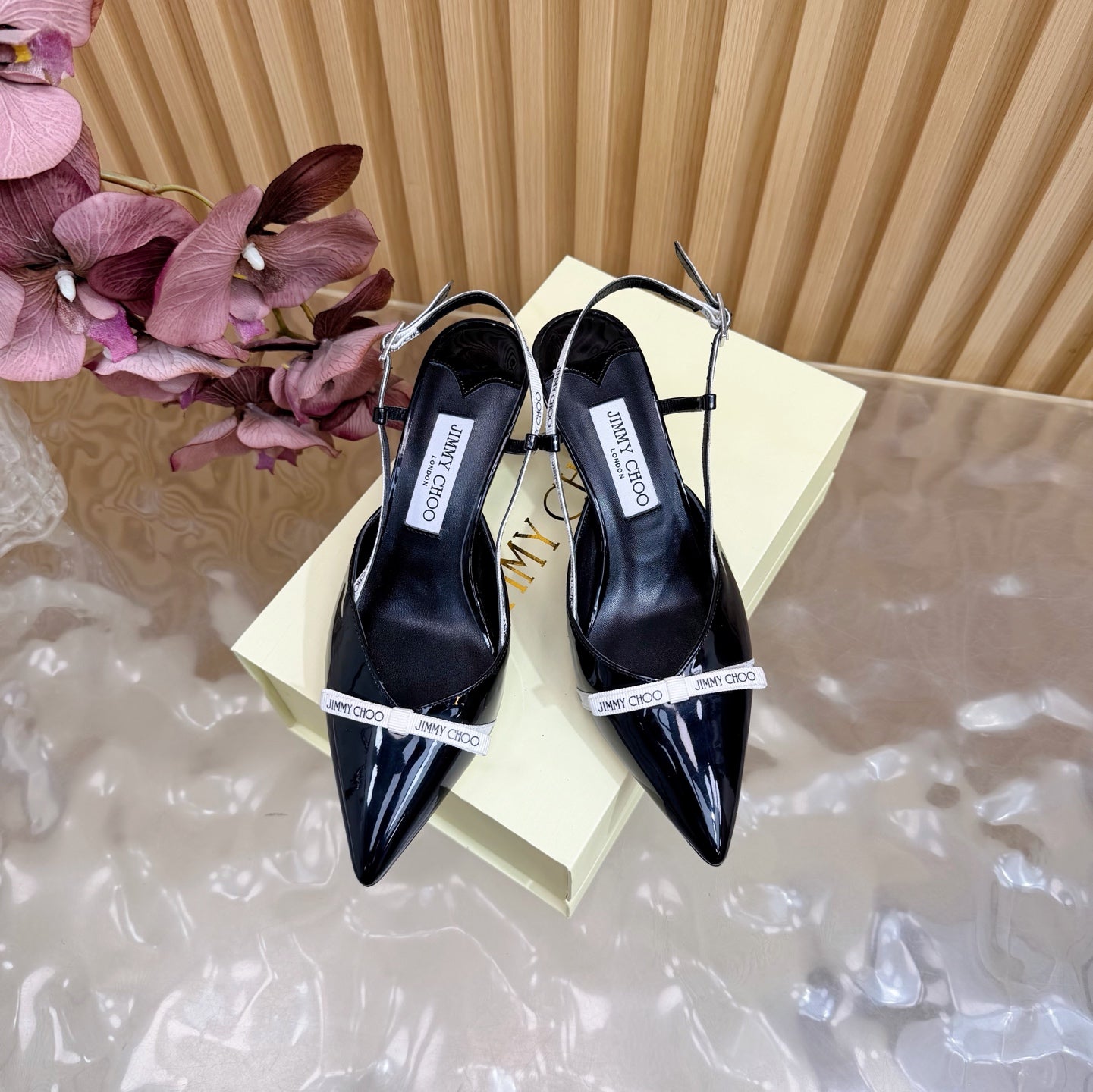 JIMMY CHOO 26S SLINGBACK HEELS 65 MM IN BLACK PATENT CALFSKIN