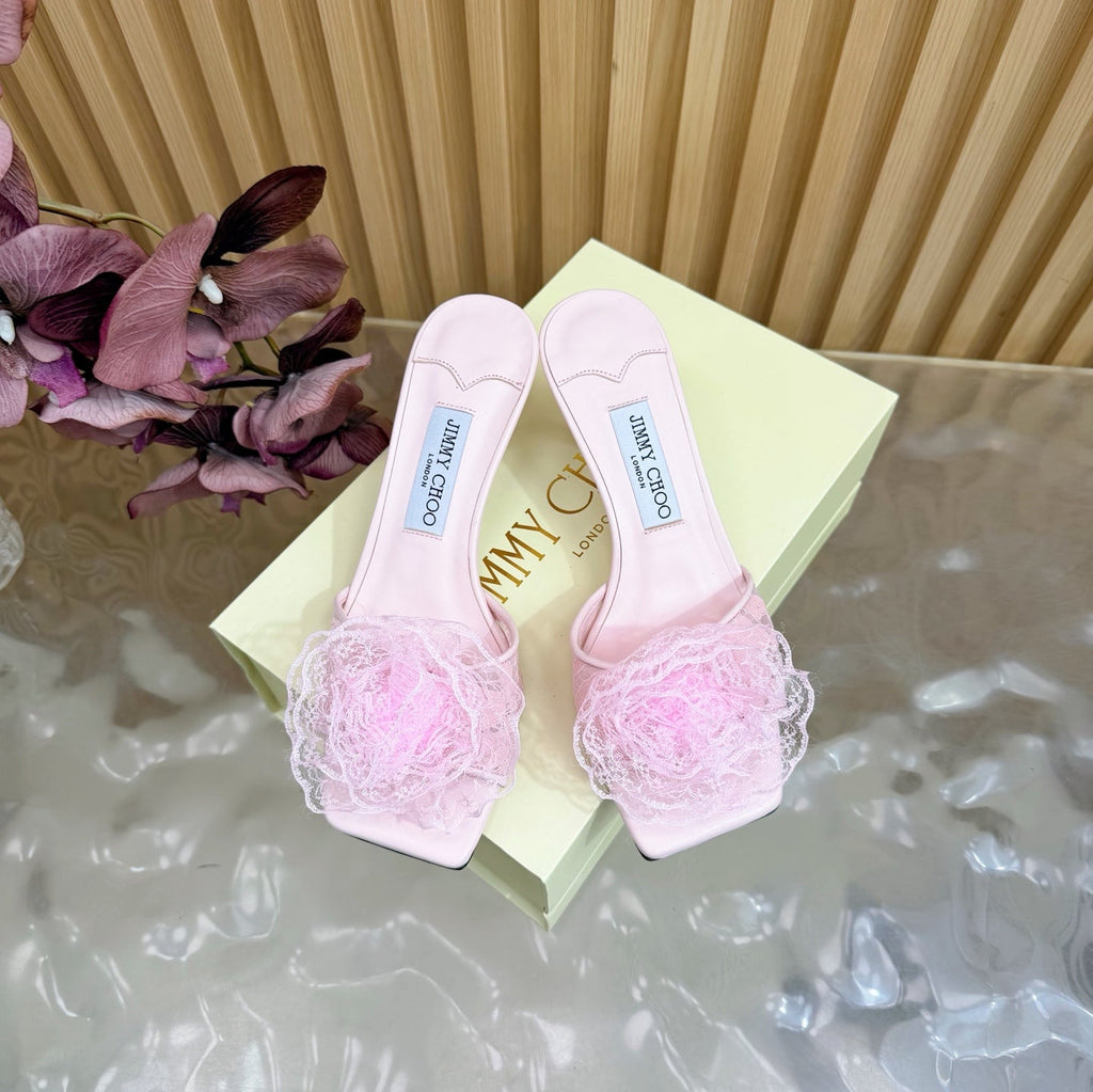 JIMMY CHOO 26S HIGH-HEELED SANDALS 65 MM IN LIGHT PINK LACE FLOWER
