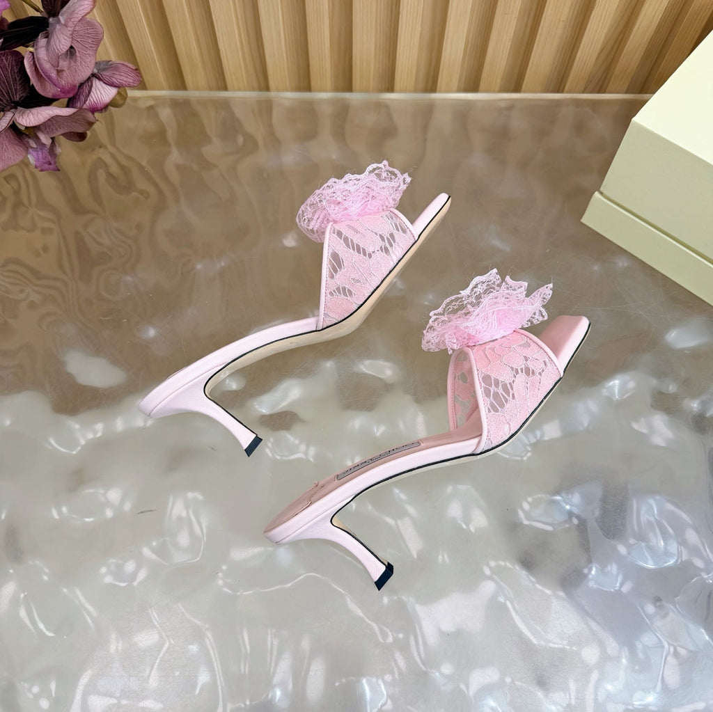 JIMMY CHOO 26S HIGH-HEELED SANDALS 65 MM IN LIGHT PINK LACE FLOWER