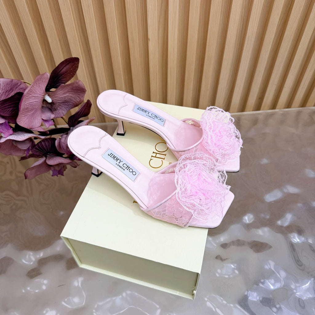 JIMMY CHOO 26S HIGH-HEELED SANDALS 65 MM IN LIGHT PINK LACE FLOWER