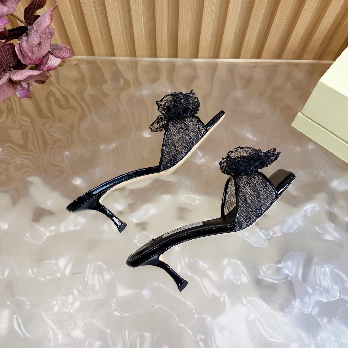 JIMMY CHOO 26S HIGH-HEELED SANDALS 65 MM IN BLACK LACE FLOWER