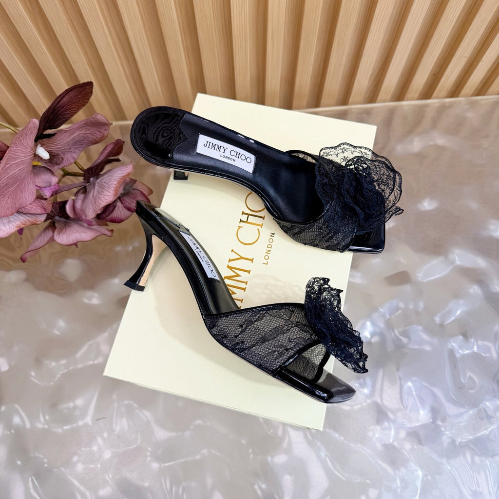 JIMMY CHOO 26S HIGH-HEELED SANDALS 65 MM IN BLACK LACE FLOWER