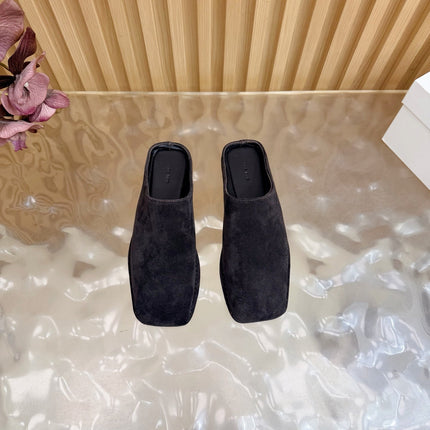 THE ROW 26S SQUARE TOE MULE FLATS IN DARK BROWN SUEDE