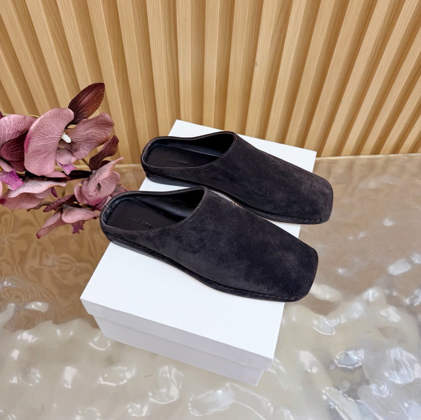 THE ROW 26S SQUARE TOE MULE FLATS IN DARK BROWN SUEDE