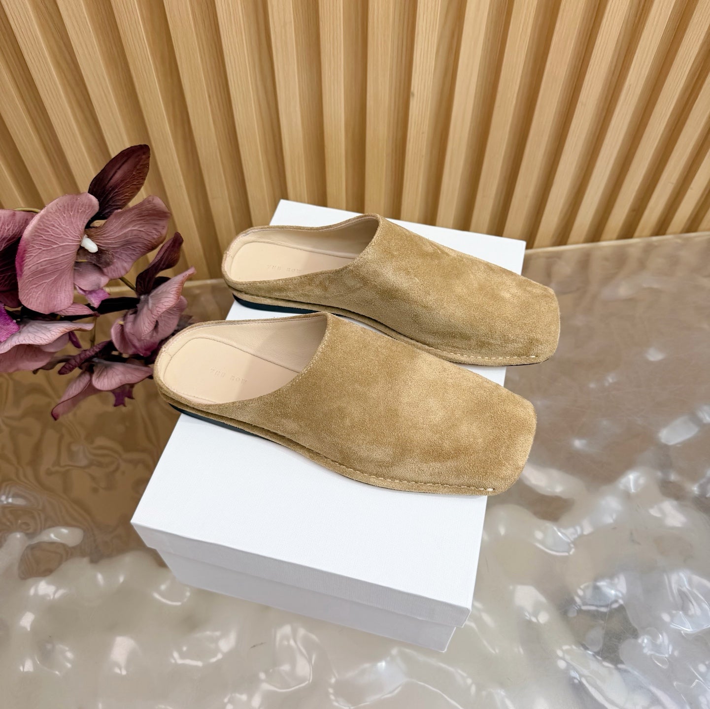 THE ROW 26S SQUARE TOE MULE FLATS IN CAMEL BROWN SUEDE
