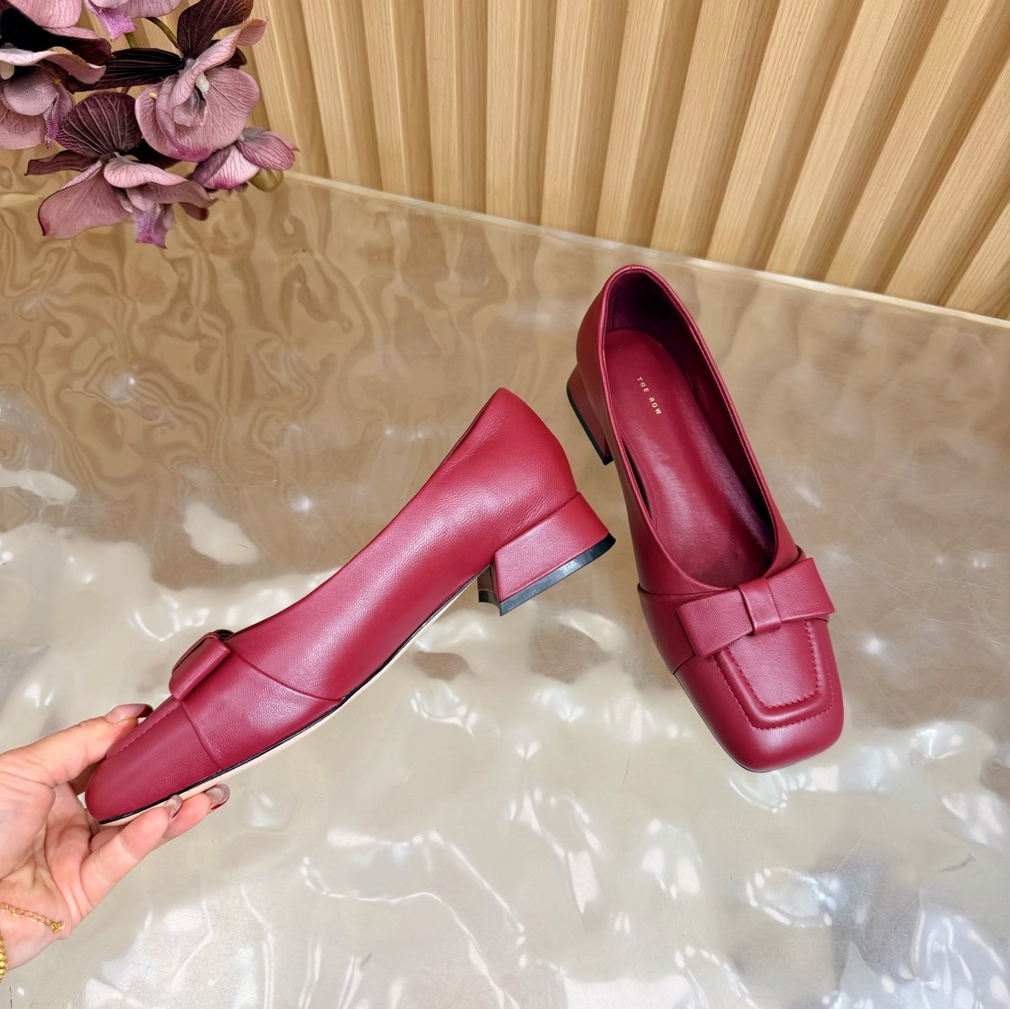 THE ROW 26S SQUARE TOE PUMPS IN DARK RED CALFSKIN WITH BOW