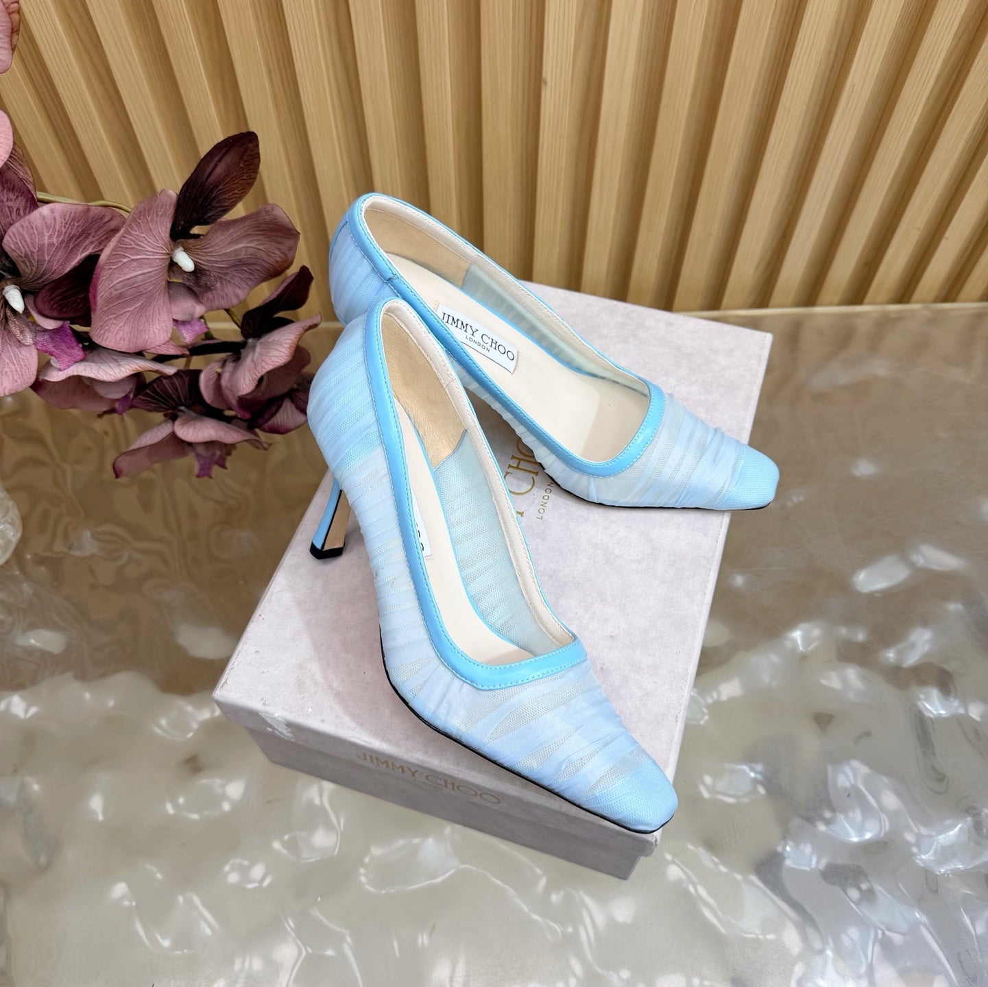 JIMMY CHOO 26S HIGH HEELS 85 MM IN LIGHT BLUE MESH