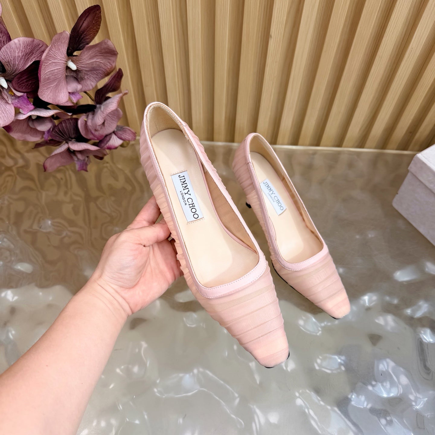 JIMMY CHOO 26S HIGH HEELS 85 MM IN LIGHT PINK MESH