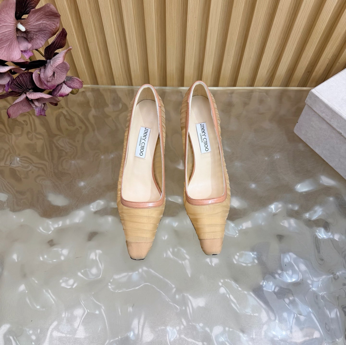 JIMMY CHOO 26S HIGH HEELS 85 MM IN BEIGE NUDE MESH
