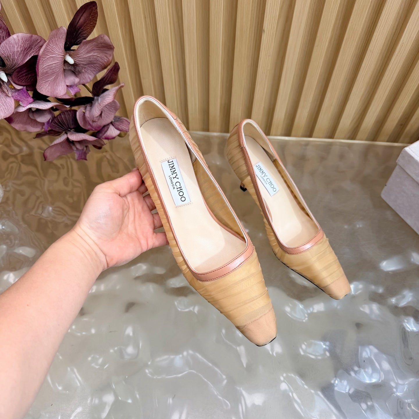 JIMMY CHOO 26S HIGH HEELS 85 MM IN BEIGE NUDE MESH