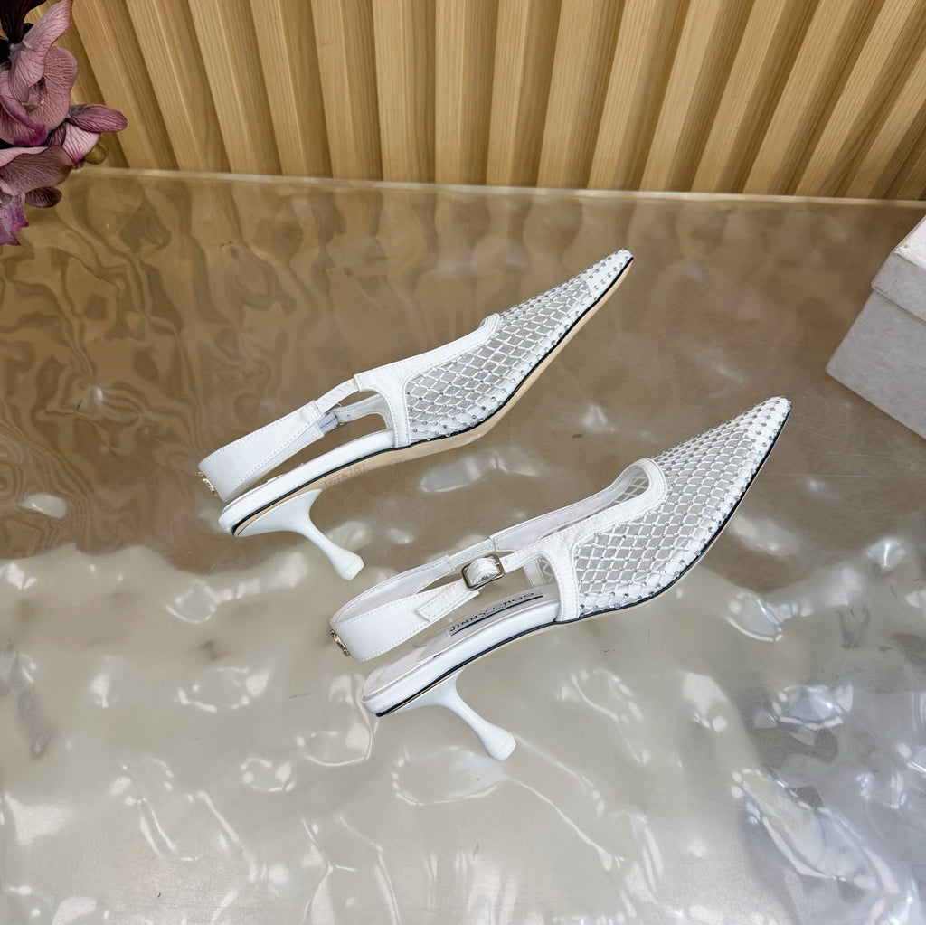 JIMMY CHOO 26S SLINGBACK HEELS 60 MM IN WHITE MESH & CRYSTALS