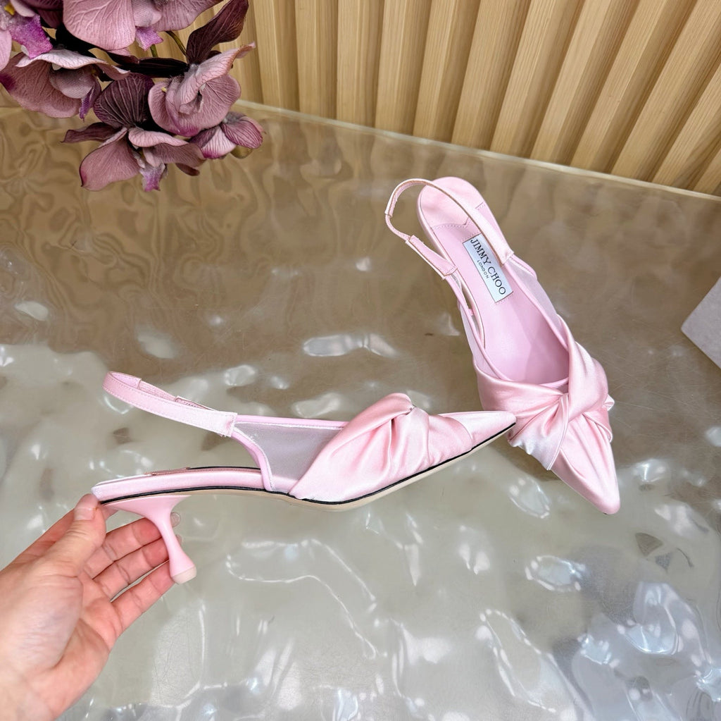 JIMMY CHOO 26S SLINGBACK HEELS 60 MM IN LIGHT PINK SATIN WITH KNOT DETAIL