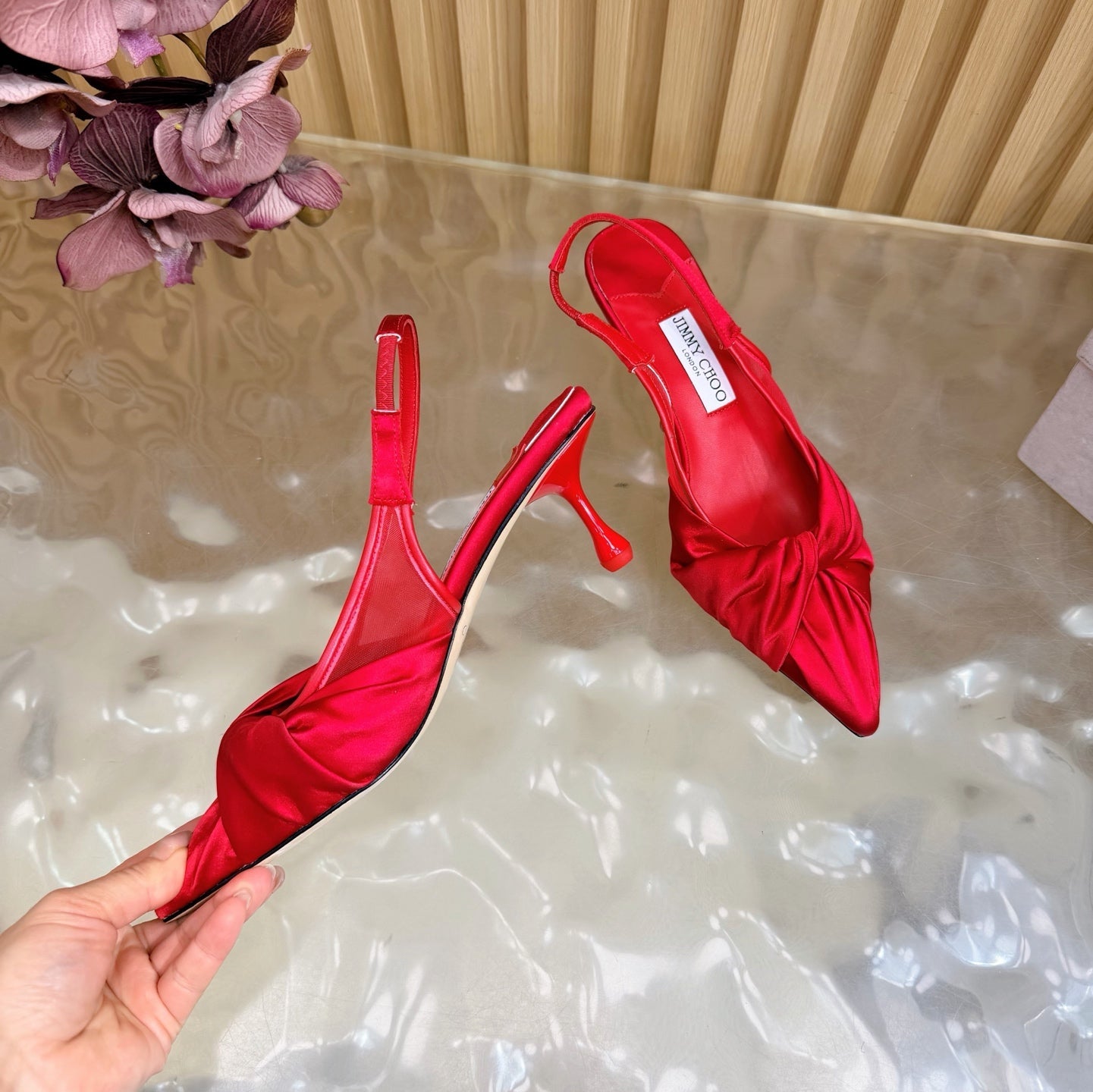 JIMMY CHOO 26S SLINGBACK HEELS 60 MM IN RED SATIN WITH KNOT DETAIL
