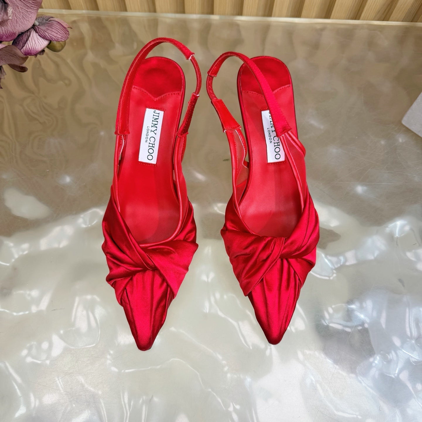 JIMMY CHOO 26S SLINGBACK HEELS 60 MM IN RED SATIN WITH KNOT DETAIL