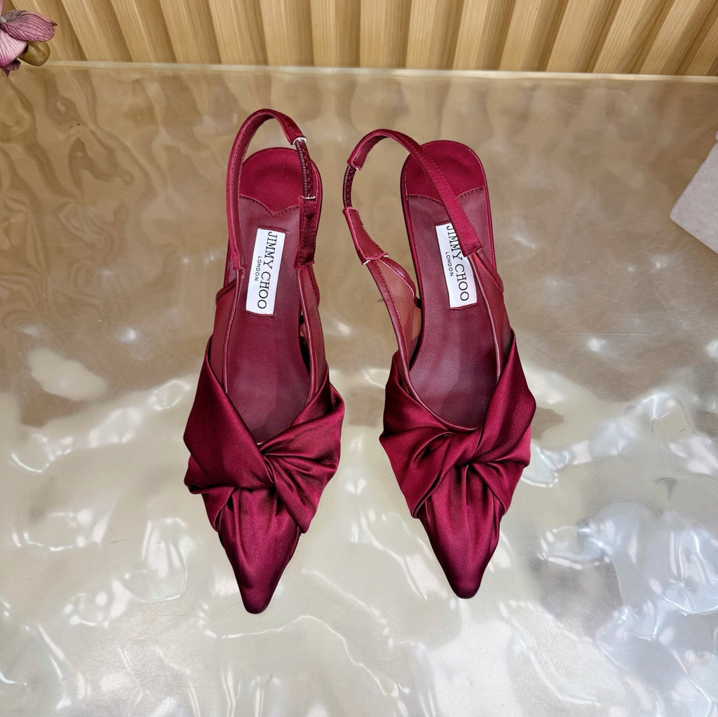JIMMY CHOO 26S SLINGBACK HEELS 60 MM IN DARK RED SATIN WITH KNOT DETAIL