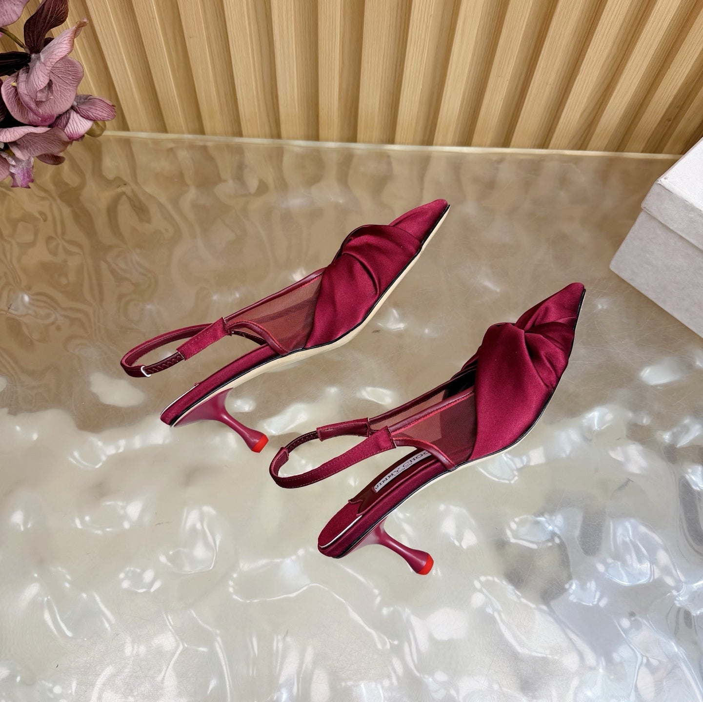 JIMMY CHOO 26S SLINGBACK HEELS 60 MM IN DARK RED SATIN WITH KNOT DETAIL