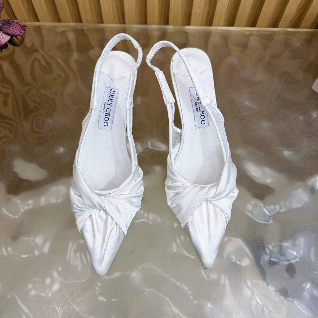 JIMMY CHOO 26S SLINGBACK HEELS 60 MM IN WHITE SATIN WITH KNOT DETAIL