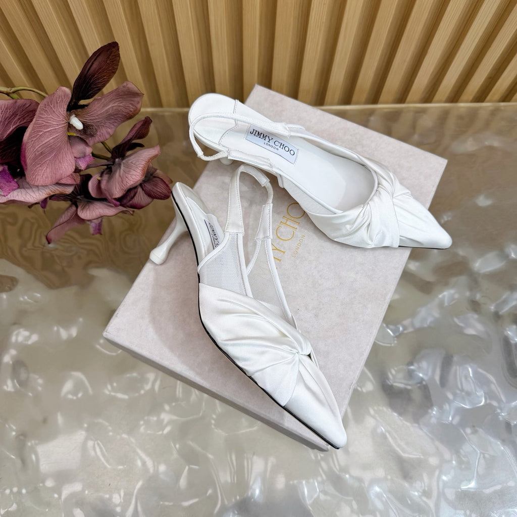 JIMMY CHOO 26S SLINGBACK HEELS 60 MM IN WHITE SATIN WITH KNOT DETAIL