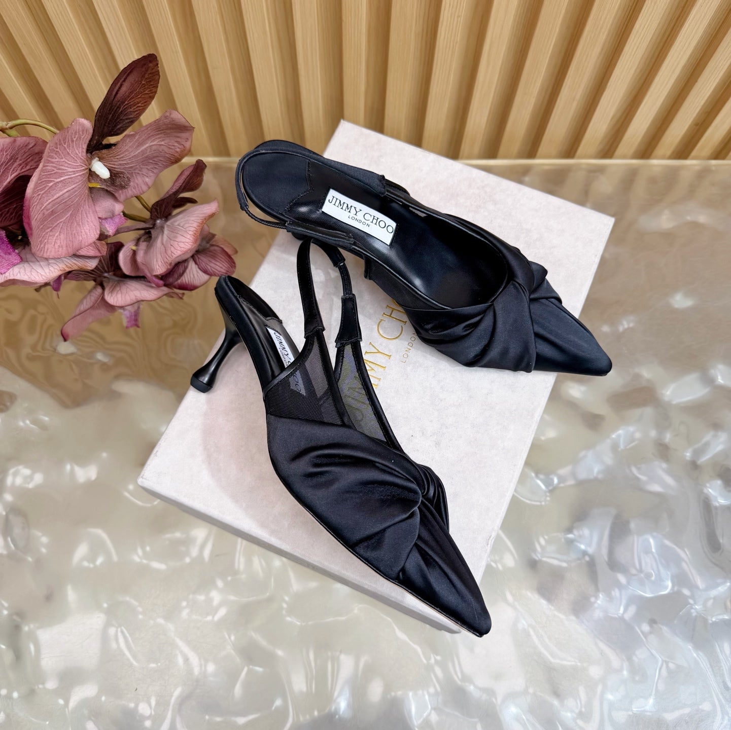 JIMMY CHOO 26S SLINGBACK HEELS 60 MM IN BLACK SATIN WITH KNOT DETAIL