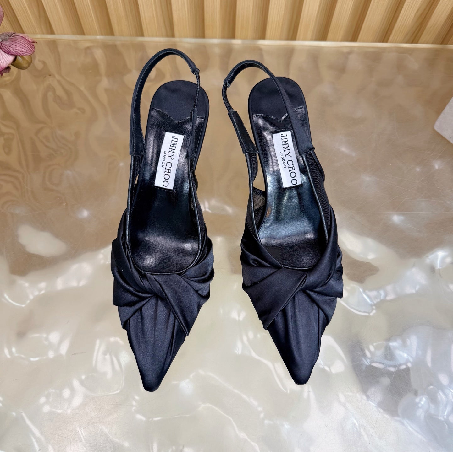 JIMMY CHOO 26S SLINGBACK HEELS 60 MM IN BLACK SATIN WITH KNOT DETAIL