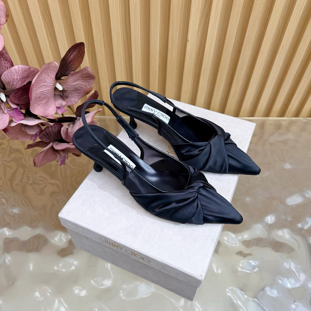 JIMMY CHOO 26S SLINGBACK HEELS 60 MM IN BLACK SATIN WITH KNOT DETAIL