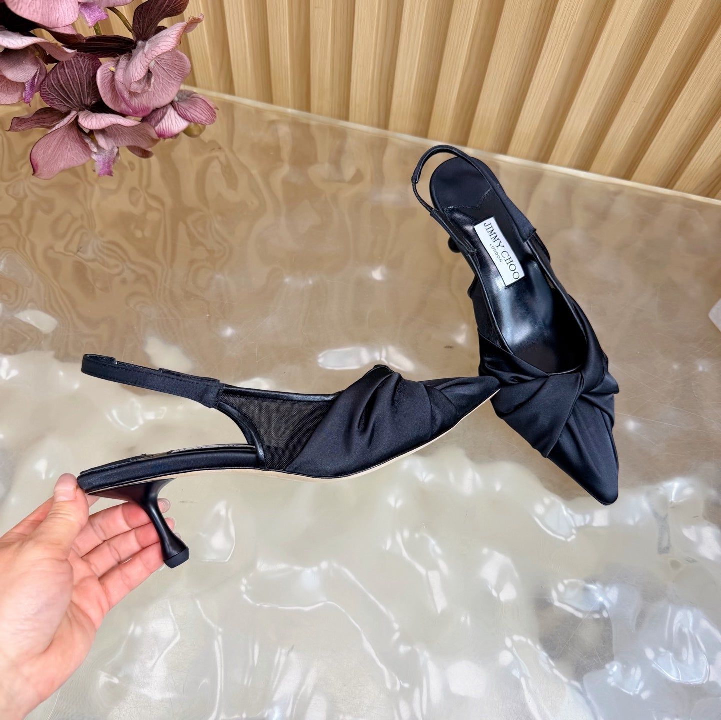 JIMMY CHOO 26S SLINGBACK HEELS 60 MM IN BLACK SATIN WITH KNOT DETAIL