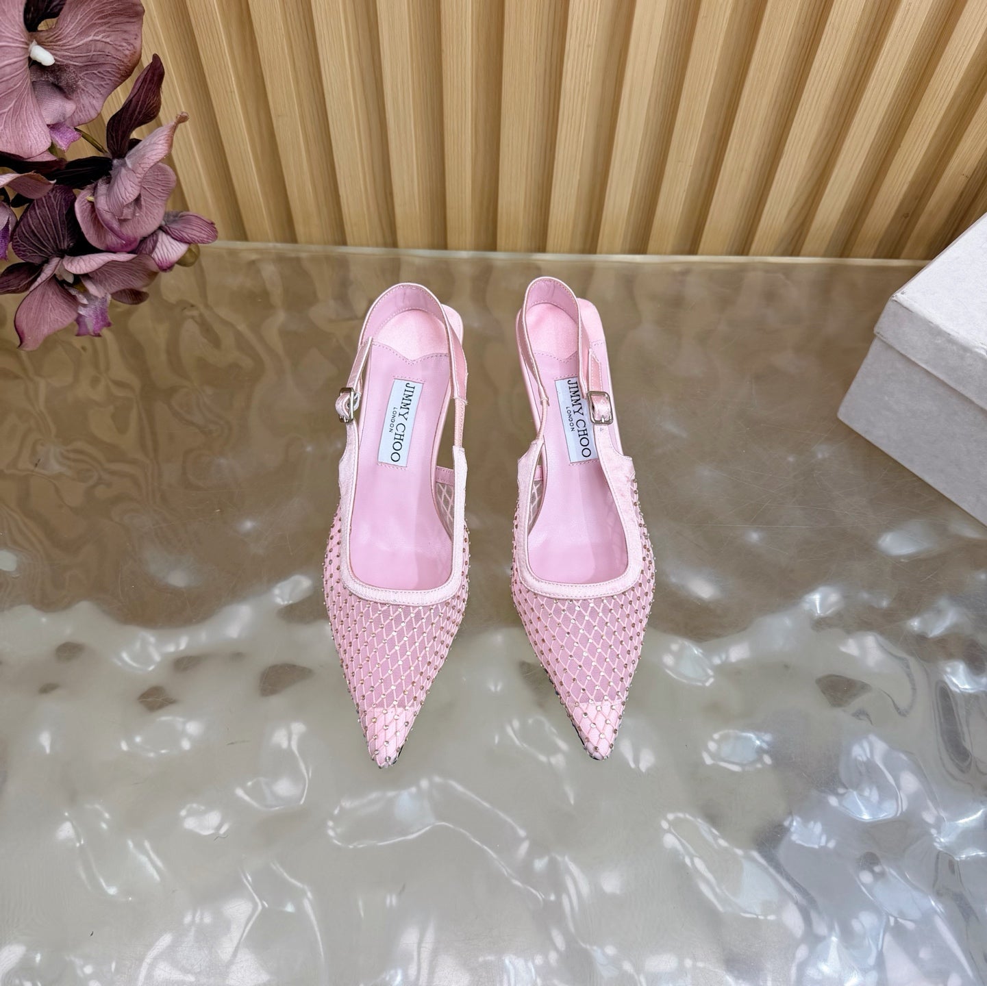 JIMMY CHOO 26S SLINGBACK HEELS 60 MM IN LIGHT PINK MESH & CRYSTALS