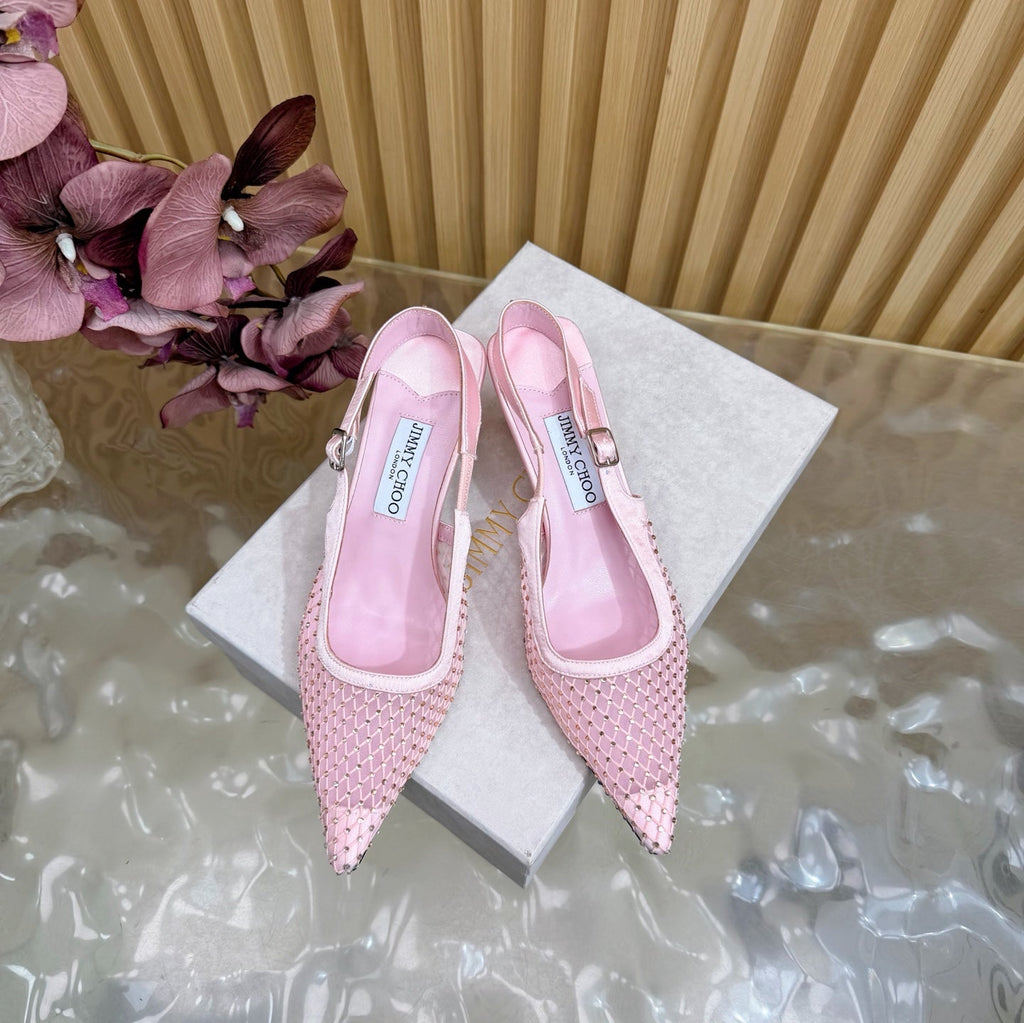 JIMMY CHOO 26S SLINGBACK HEELS 60 MM IN LIGHT PINK MESH & CRYSTALS