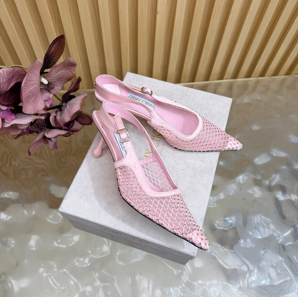 JIMMY CHOO 26S SLINGBACK HEELS 60 MM IN LIGHT PINK MESH & CRYSTALS