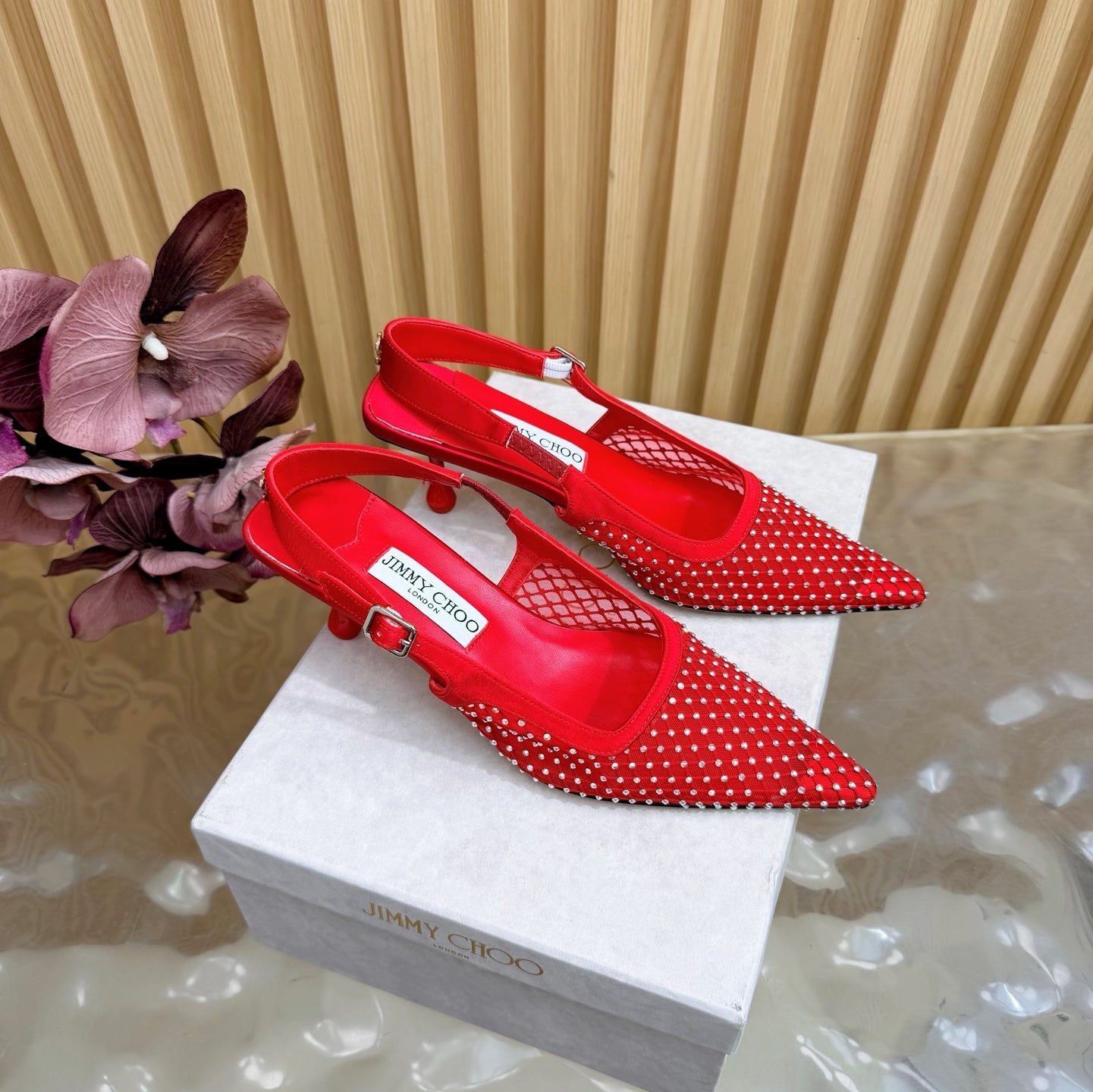 JIMMY CHOO 26S SLINGBACK HEELS 60 MM IN RED MESH & CRYSTALS