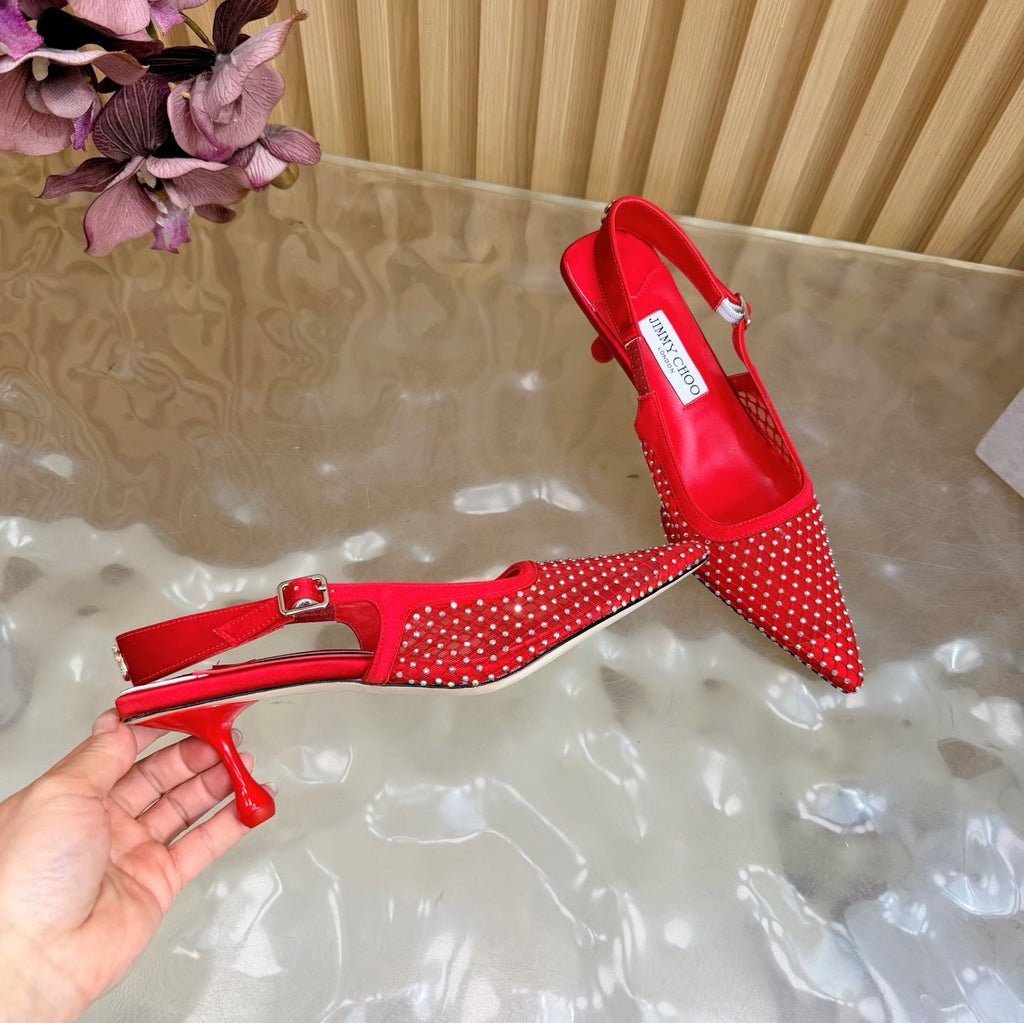 JIMMY CHOO 26S SLINGBACK HEELS 60 MM IN RED MESH & CRYSTALS
