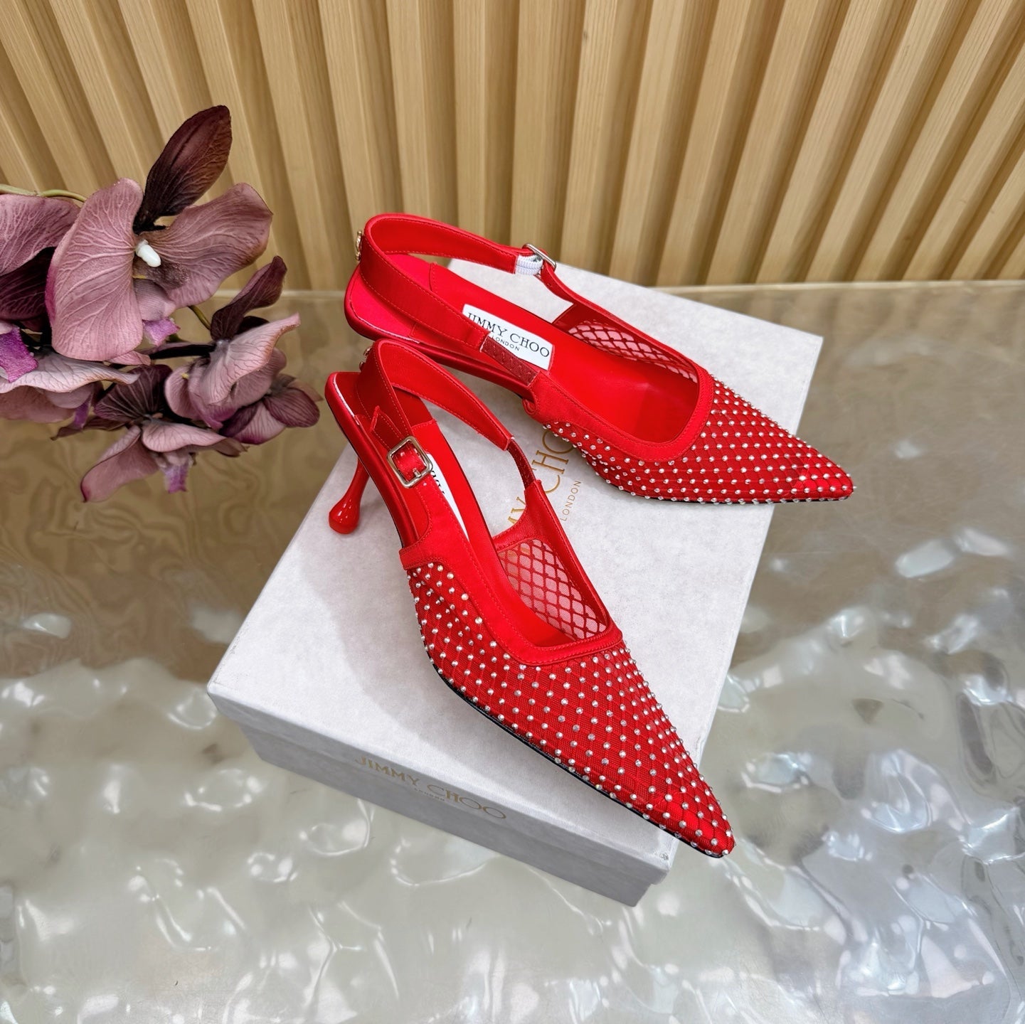 JIMMY CHOO 26S SLINGBACK HEELS 60 MM IN RED MESH & CRYSTALS