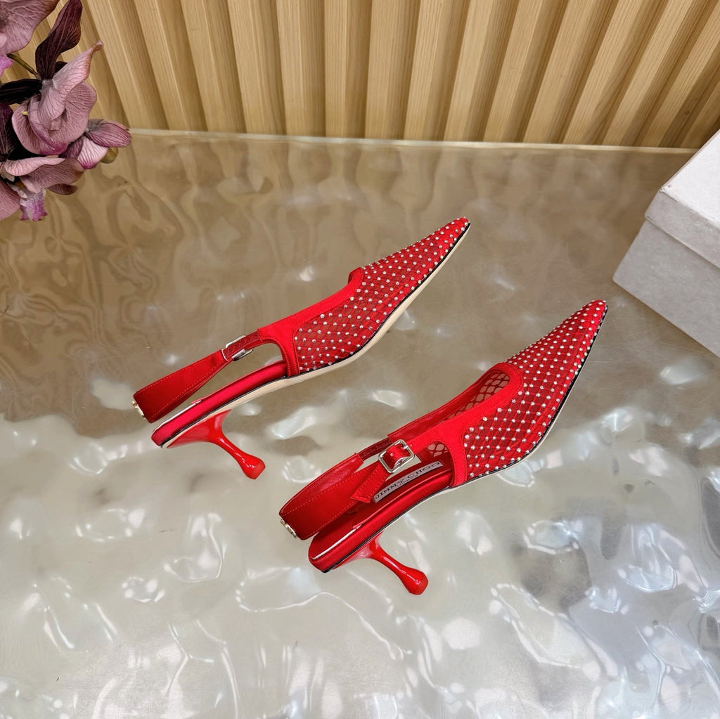 JIMMY CHOO 26S SLINGBACK HEELS 60 MM IN RED MESH & CRYSTALS