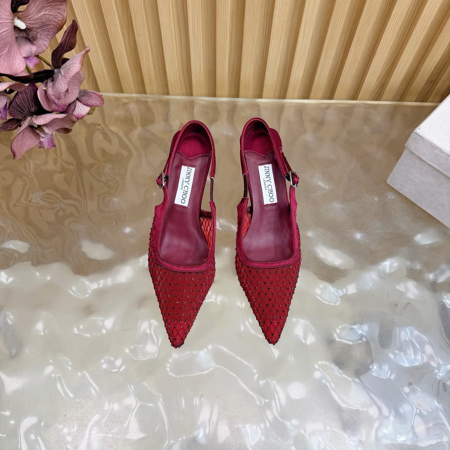 JIMMY CHOO 26S SLINGBACK HEELS 60 MM IN DARK RED MESH & CRYSTALS