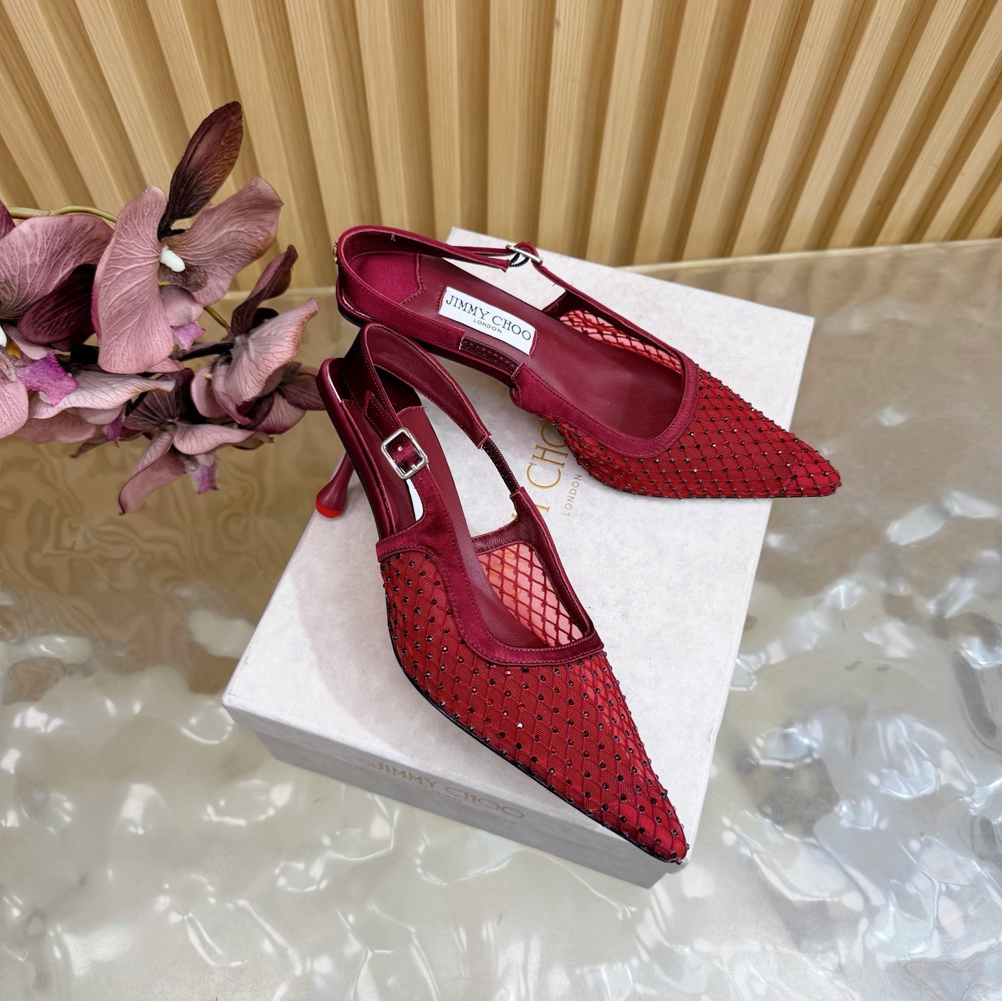 JIMMY CHOO 26S SLINGBACK HEELS 60 MM IN DARK RED MESH & CRYSTALS