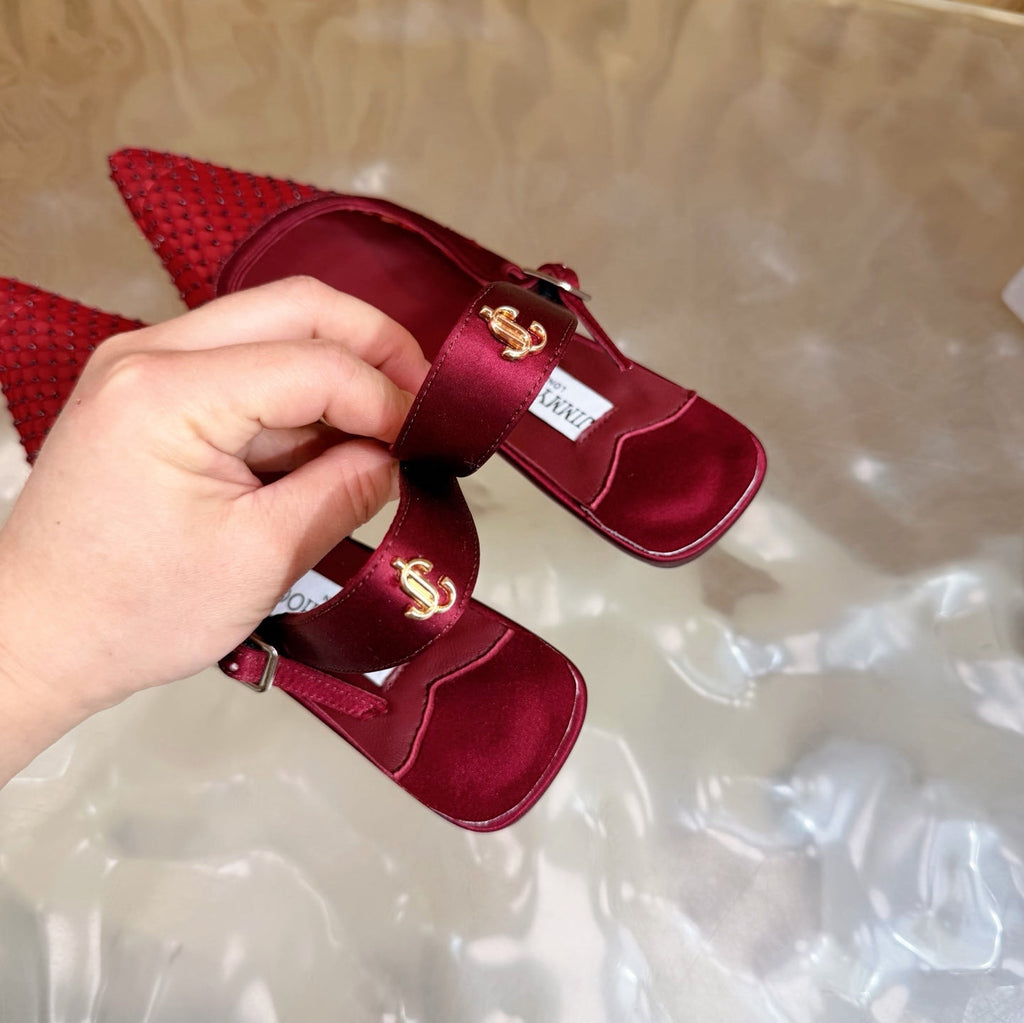 JIMMY CHOO 26S SLINGBACK HEELS 60 MM IN DARK RED MESH & CRYSTALS
