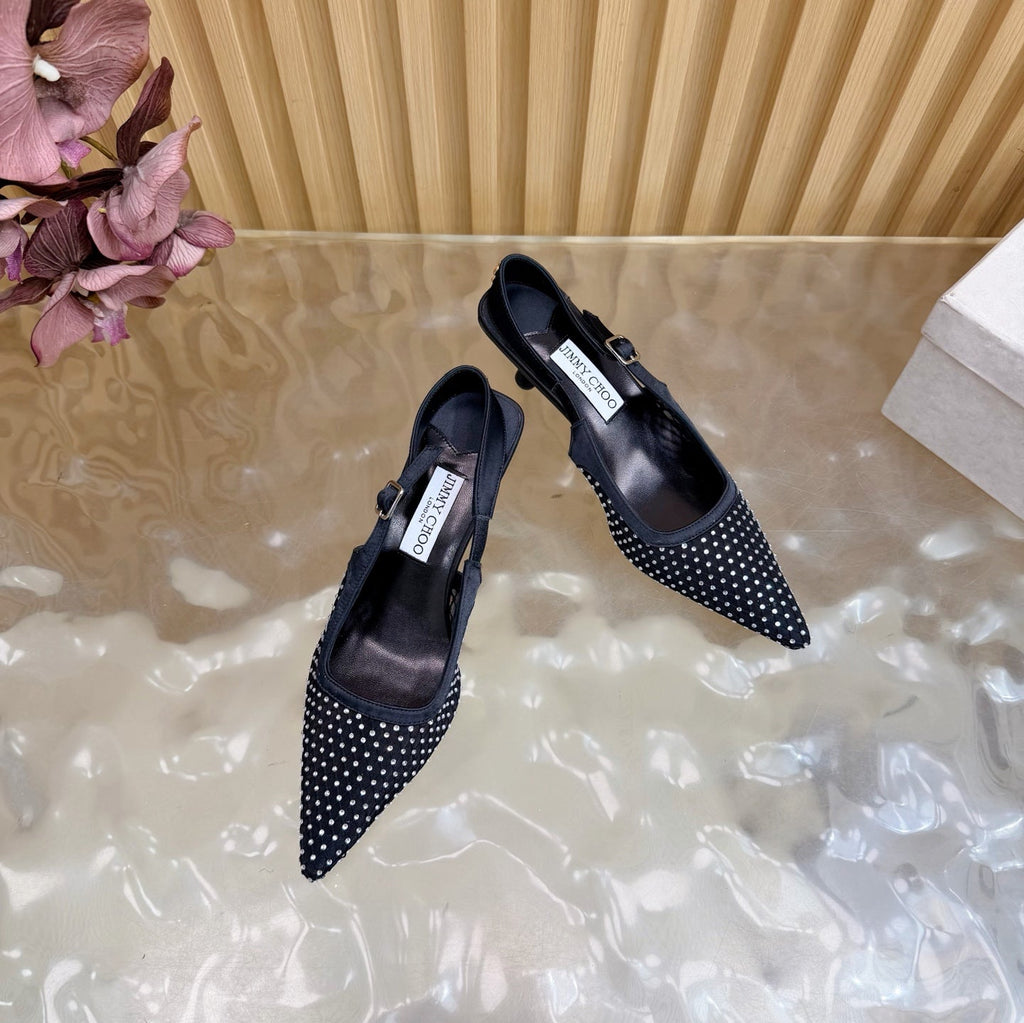 JIMMY CHOO 26S SLINGBACK HEELS 60 MM IN BLACK MESH & CRYSTALS