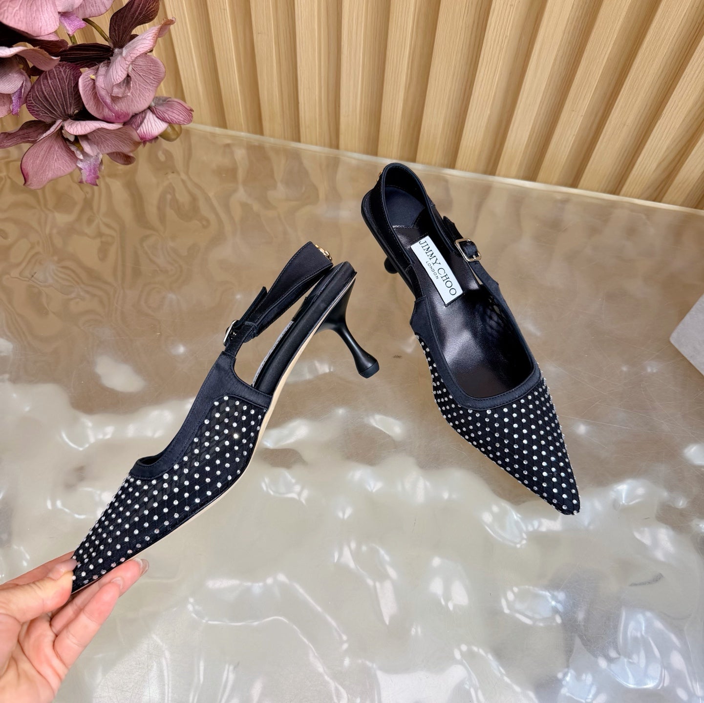 JIMMY CHOO 26S SLINGBACK HEELS 60 MM IN BLACK MESH & CRYSTALS