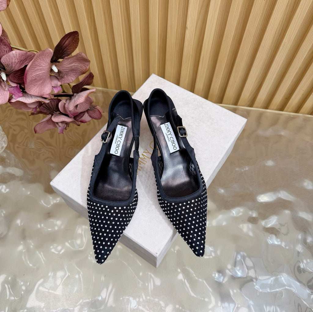 JIMMY CHOO 26S SLINGBACK HEELS 60 MM IN BLACK MESH & CRYSTALS