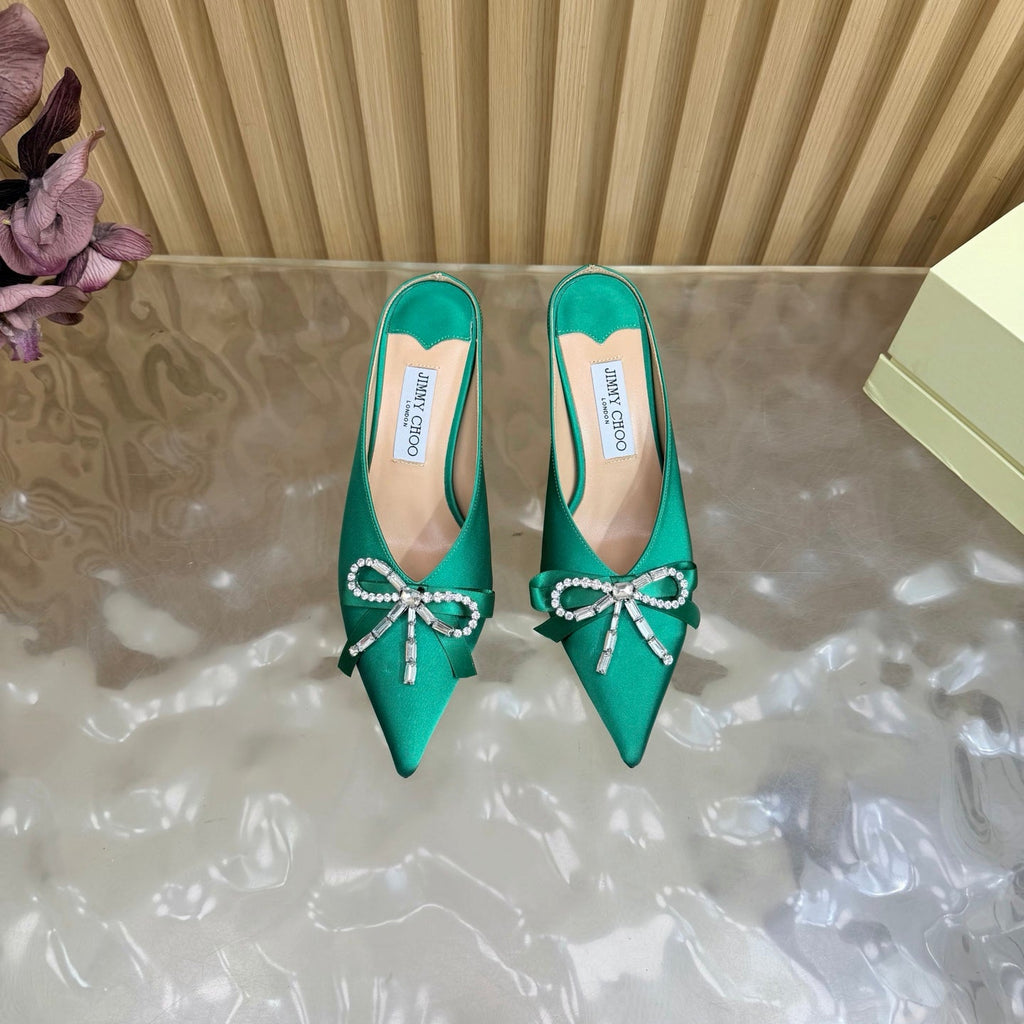 JIMMY CHOO 26S HIGH-HEELED MULES 65 MM IN GREEN SATIN WITH RHINESTONE BOW