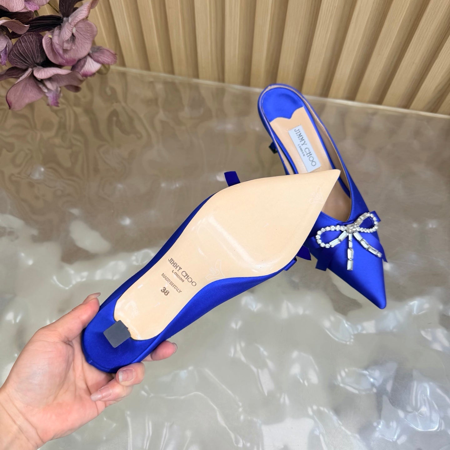 JIMMY CHOO 26S HIGH-HEELED MULES 65 MM IN NAVY BLUE SATIN WITH RHINESTONE BOW