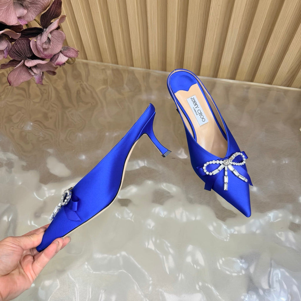 JIMMY CHOO 26S HIGH-HEELED MULES 65 MM IN NAVY BLUE SATIN WITH RHINESTONE BOW