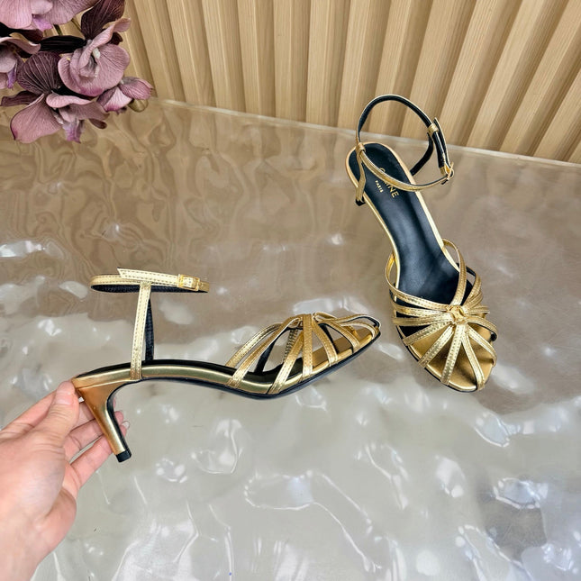 CELINE 26S TRIOMPHE STRAPPY HEELED SANDEL IN METALIC GOLD LABSKIN