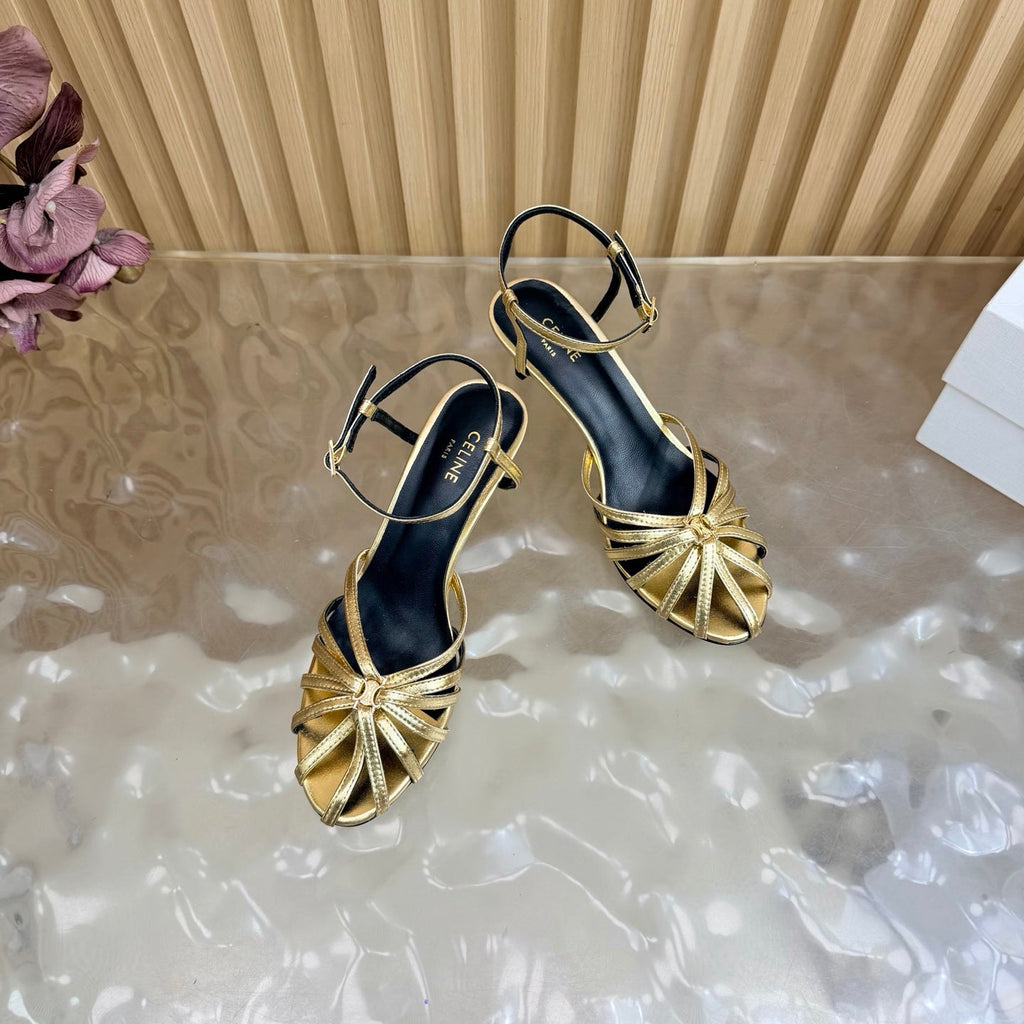 CELINE 26S TRIOMPHE STRAPPY HEELED SANDEL IN METALIC GOLD LABSKIN