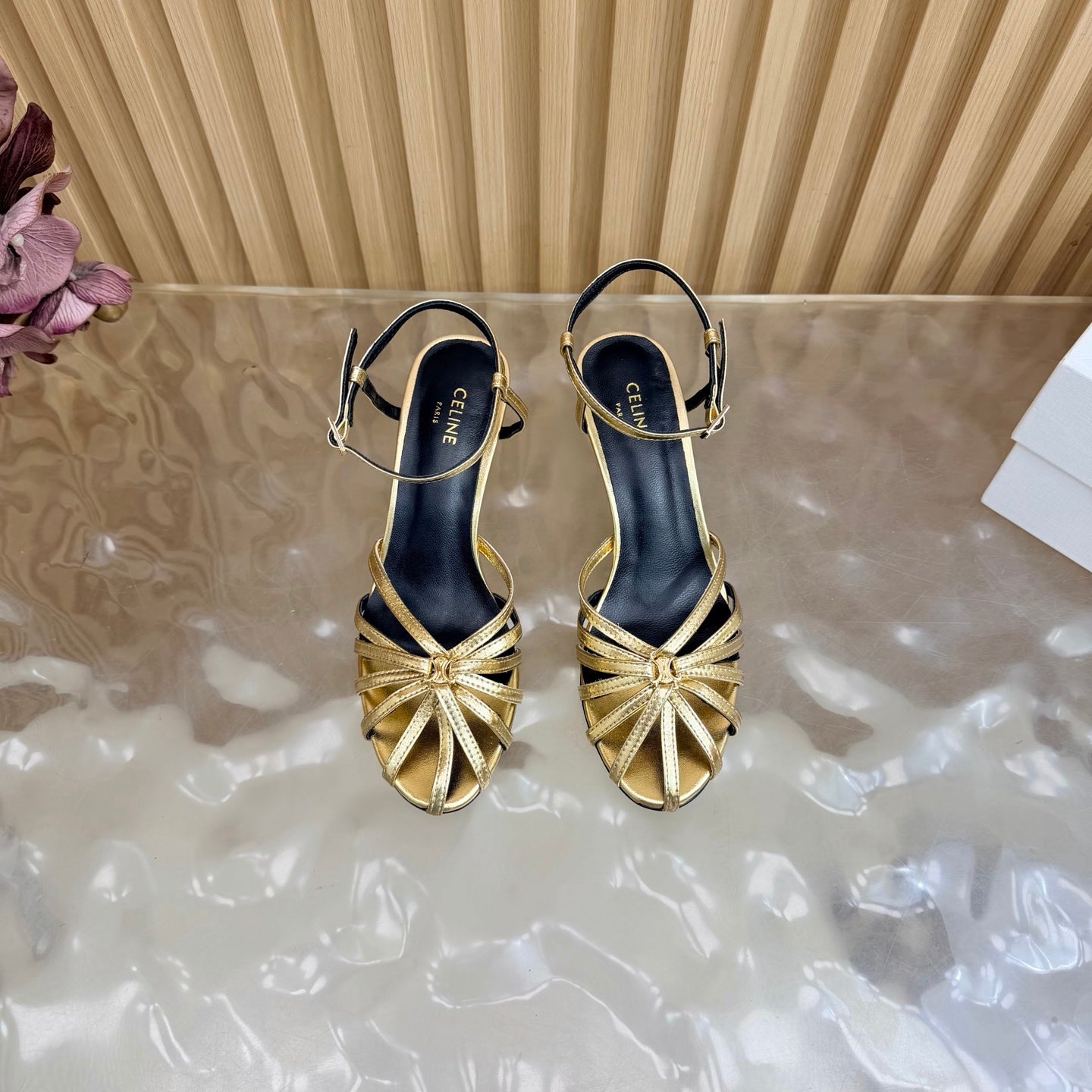 CELINE 26S TRIOMPHE STRAPPY HEELED SANDEL IN METALIC GOLD LABSKIN