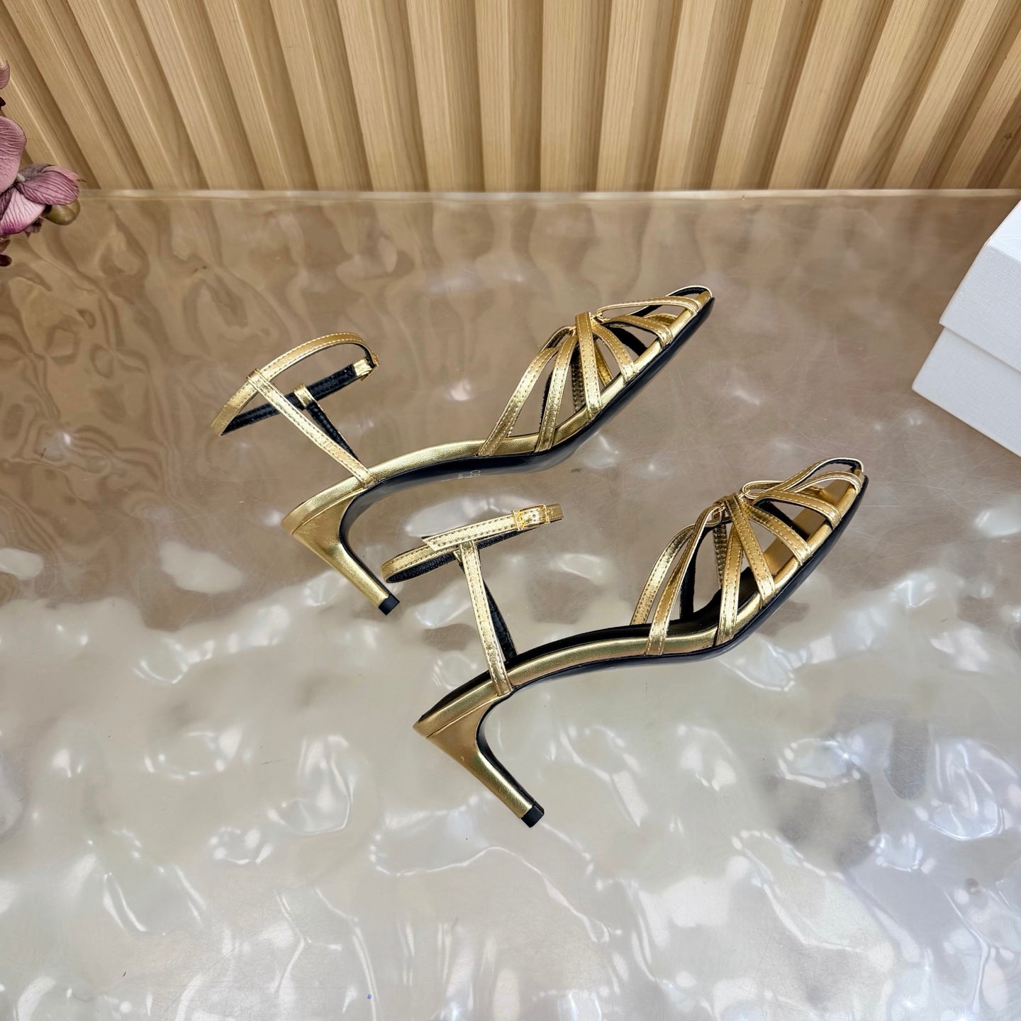 CELINE 26S TRIOMPHE STRAPPY HEELED SANDEL IN METALIC GOLD LABSKIN
