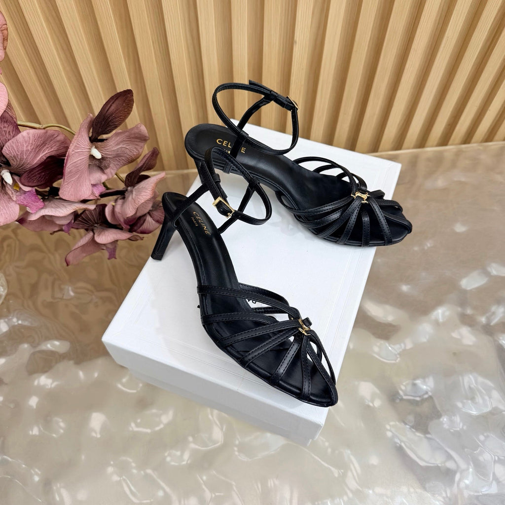 CELINE 26S TRIOMPHE STRAPPY HEELED SANDEL IN BLACK LAMBSKIN