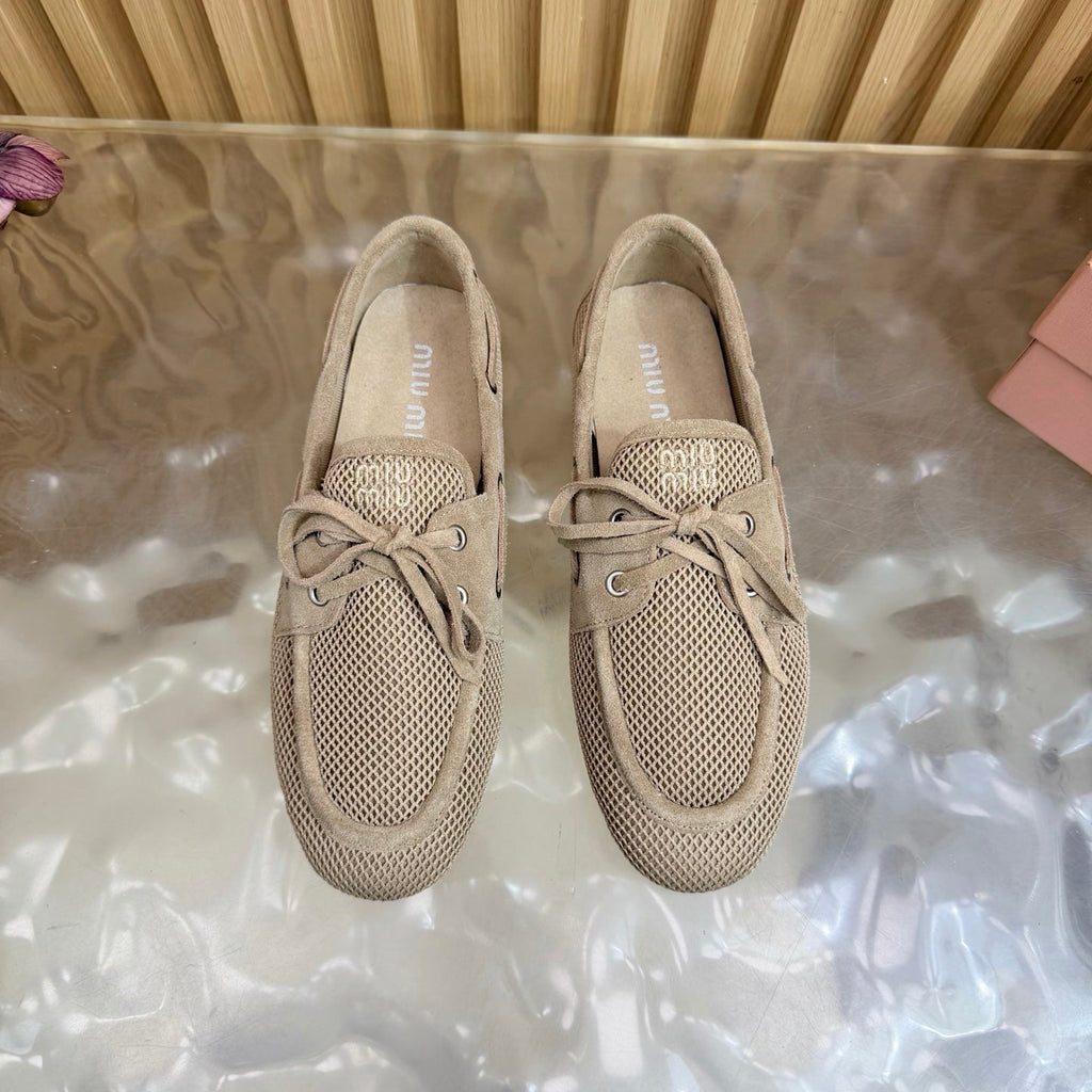 MIU MIU 26S MESH LOAFERS IN CAMEL KNIT FABRIC
