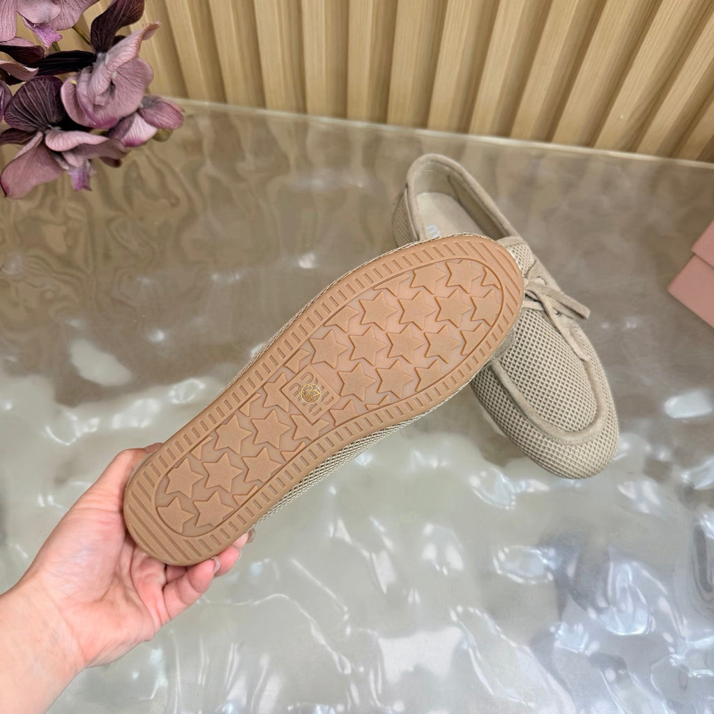 MIU MIU 26S MESH LOAFERS IN CAMEL KNIT FABRIC