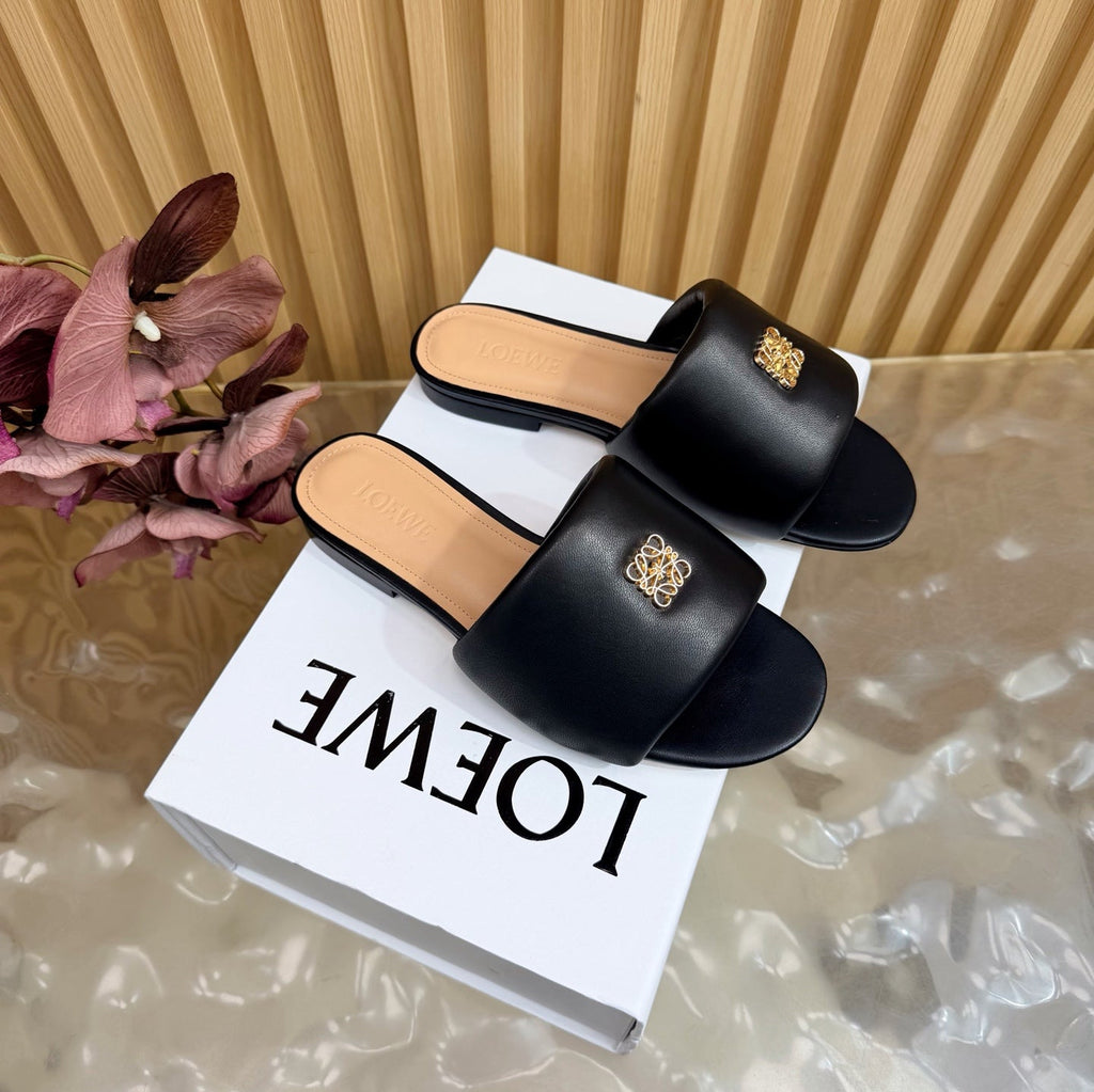LOEWE 26S SLIDE SANDALS IN BLACK ANAGRAM PADDED LAMBSKIN